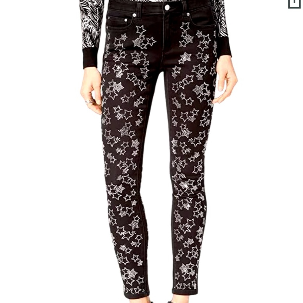 Micheal Kors Selma Heavily Embellished Silver Star Rhinestone Black Jeans Size 6